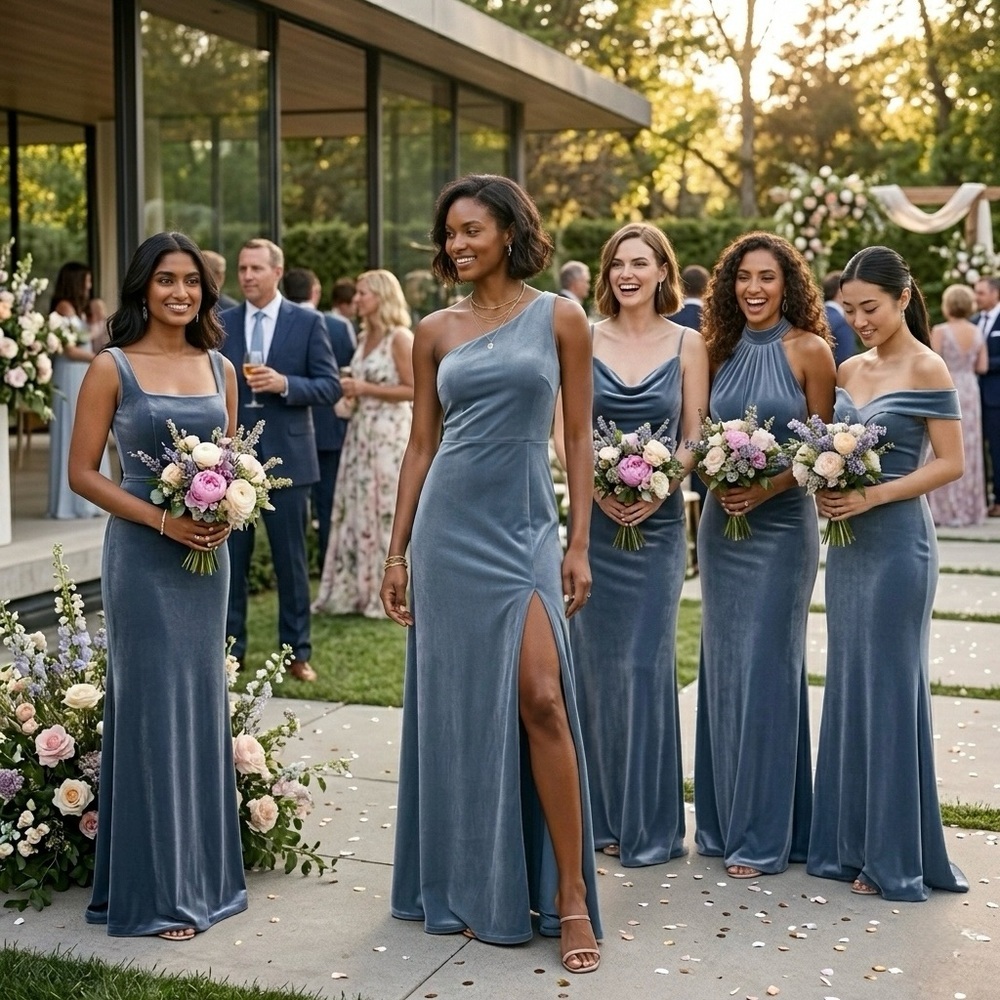 Jenny Yoo Cybill One Shoulder Gown | Chambray Bluestone Velvet | Size 4 - Picture 6 of 16